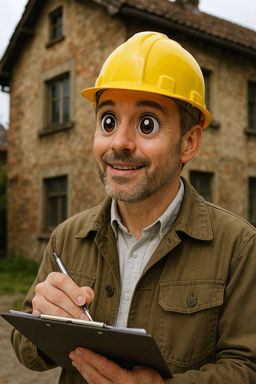 Ein fotorealistischer Denkmalschutzinspektor, mit gelbem Bauarbeiterhelm der gerade mit seinem Klemmbrett ein altes Haus inspiziert. Er hat grosse, entzückte cartoon Anime Augen..png
